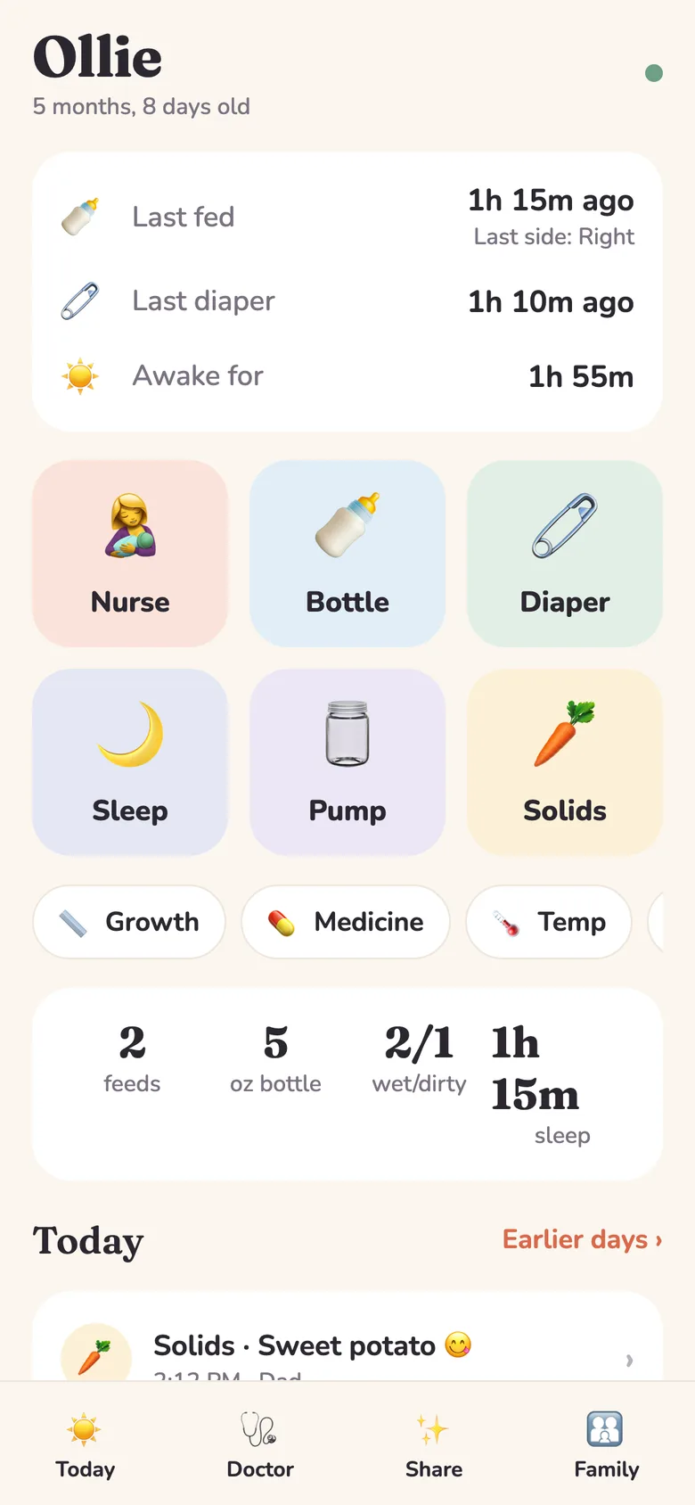 TallyTot Today screen: last fed, last diaper, big one-tap buttons for nurse, bottle, diaper, sleep, pump and solids